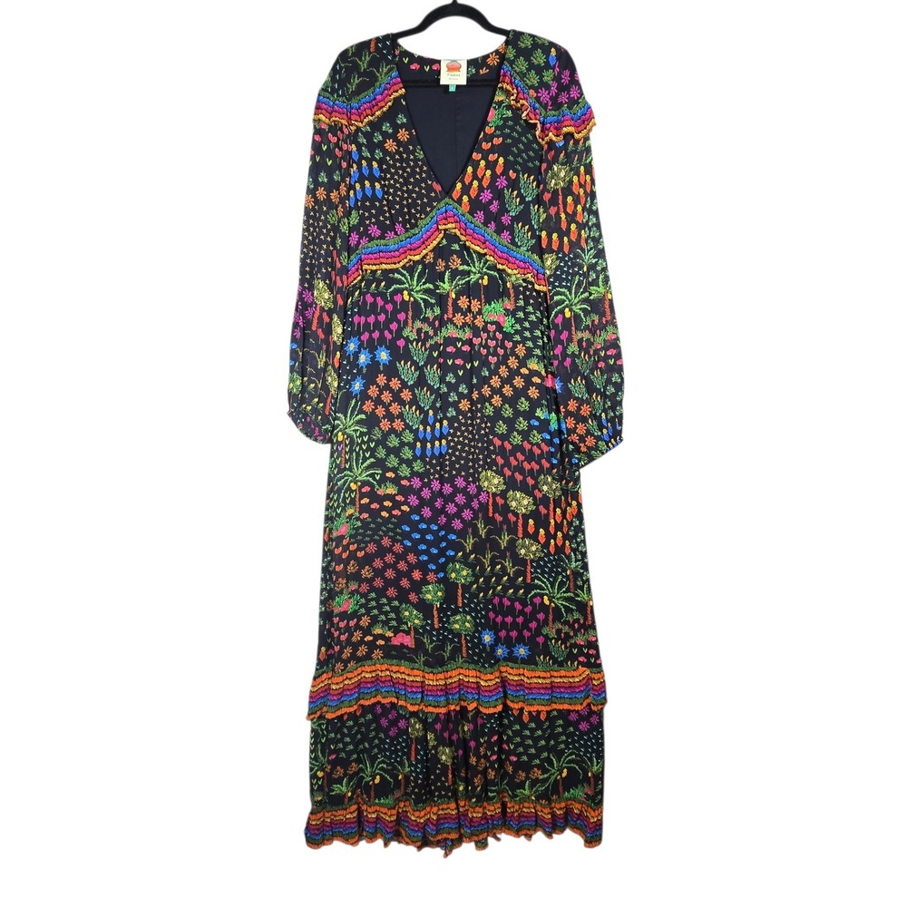 FARM Rio Maxi Dress Womens Medium Black Fruit Garden Floral V-Neck Long Sleeve